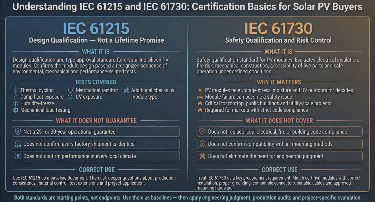 IEC 61215 and IEC 61730 certification basics for solar PV buyers comparing design qualification safety qualification covered tests limitations and correct procurement use